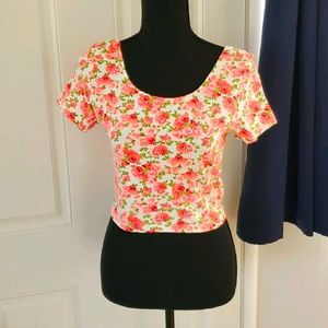 H&M bright coral pink floral crop top